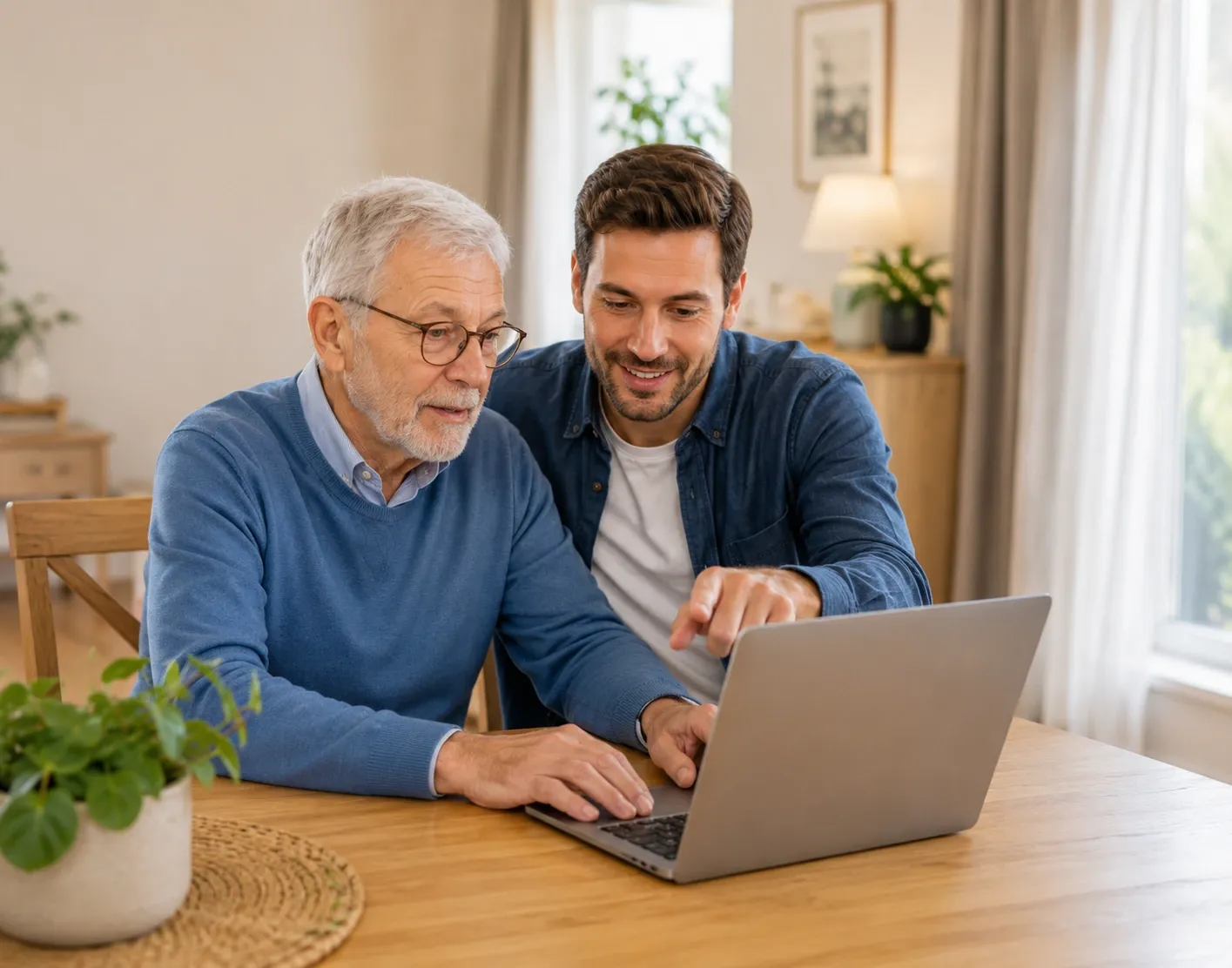 Personne senior accompagnée dans l’utilisation de son ordinateur portable