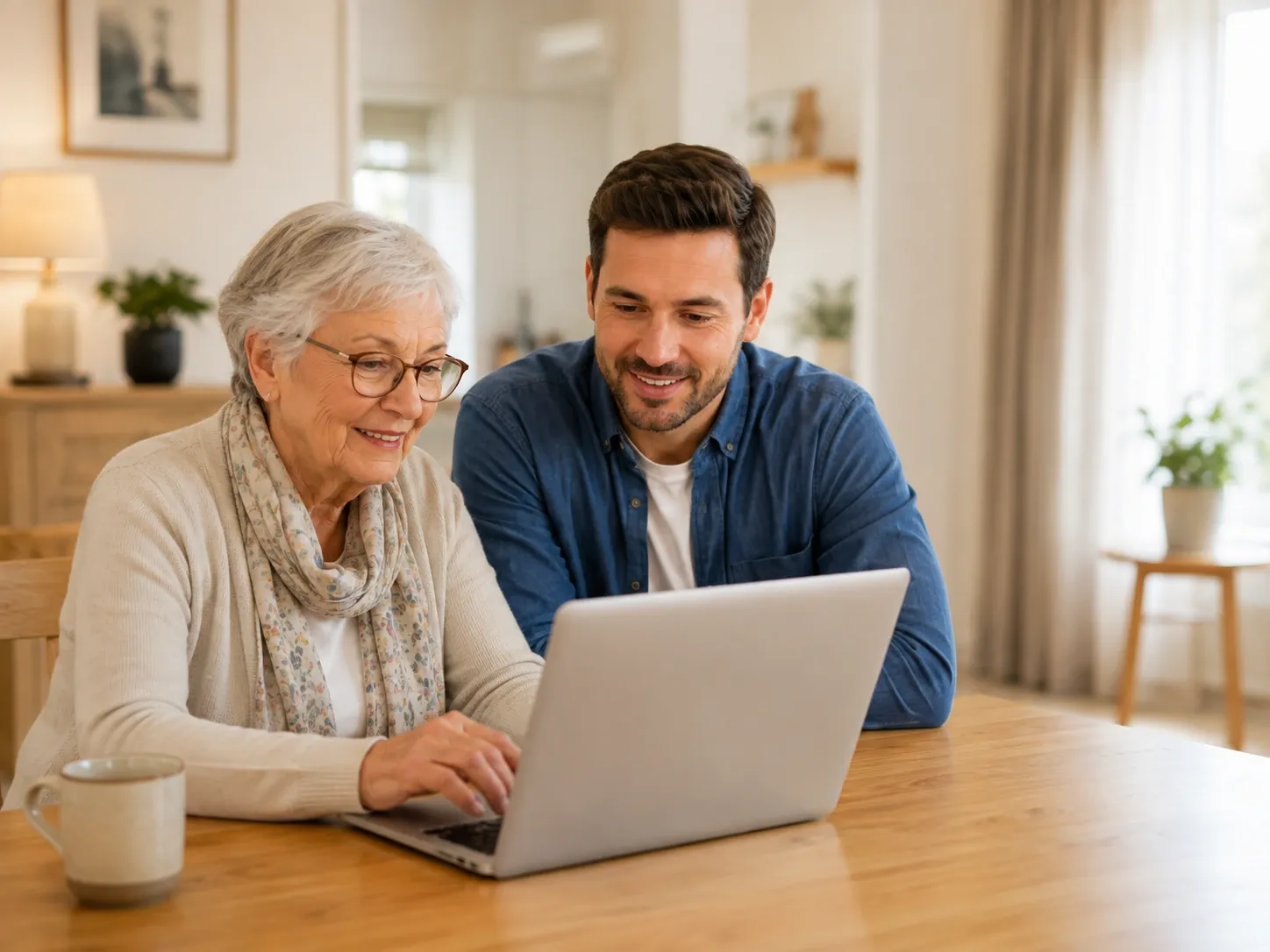 Parent senior accompagné avec bienveillance dans l’usage d’un ordinateur